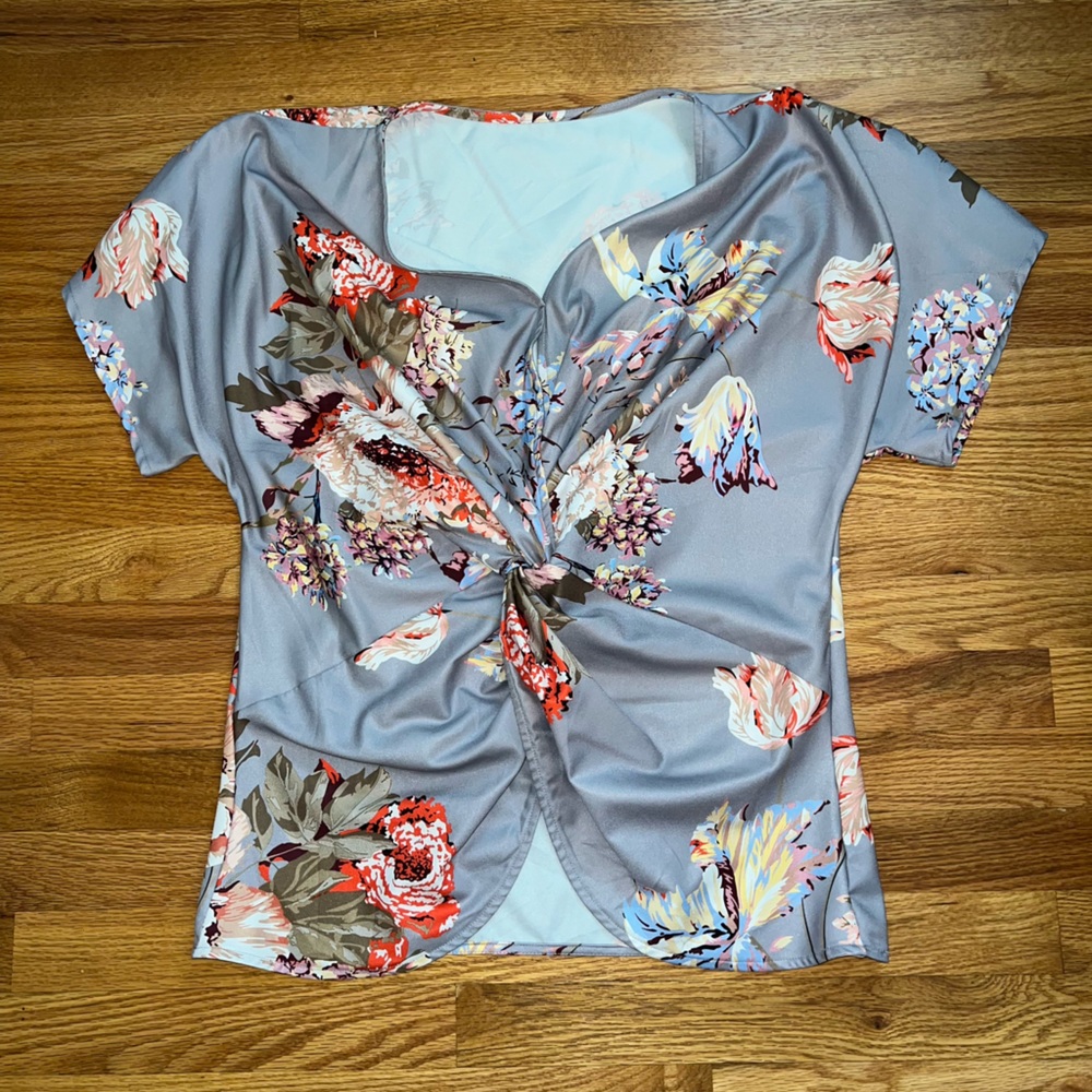Amazon Grey Floral Wrap Style Blouse